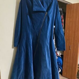 Teal Blue Asymmetrical Zip Long Coat